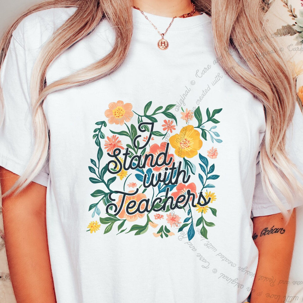 I Stand With Teachers Care & Resist progressive t-shirt in White