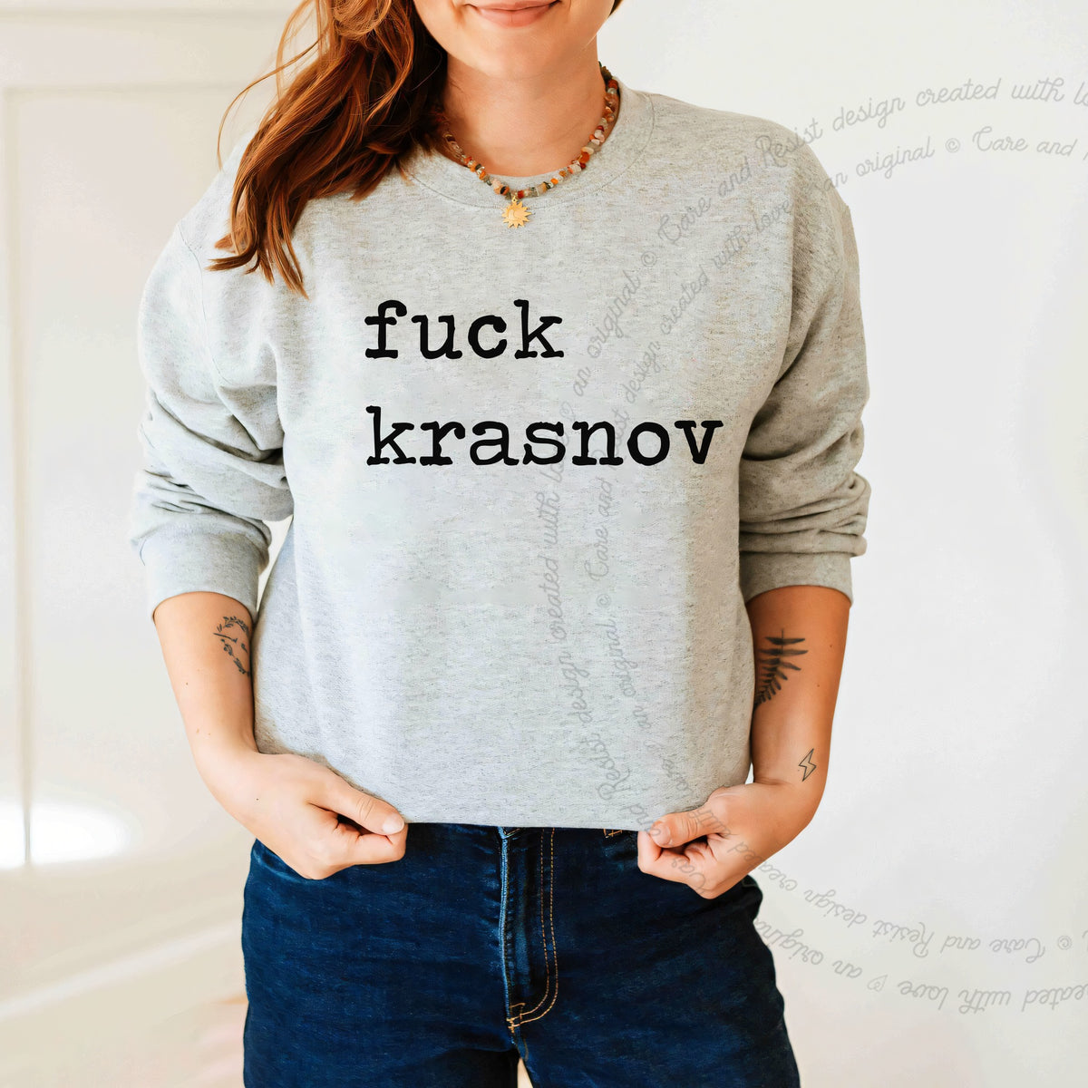 Fuck Krasnov Care & Resist Gildan crewneck sweatshirt in Sport Grey