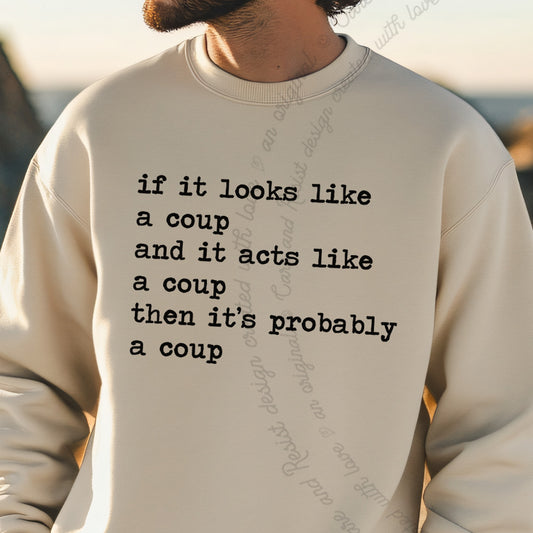 If It Looks Like a Coup and It Acts Like a Coup Then It's Probably a Coup Care & Resist Gildan crewneck sweatshirt in Sand