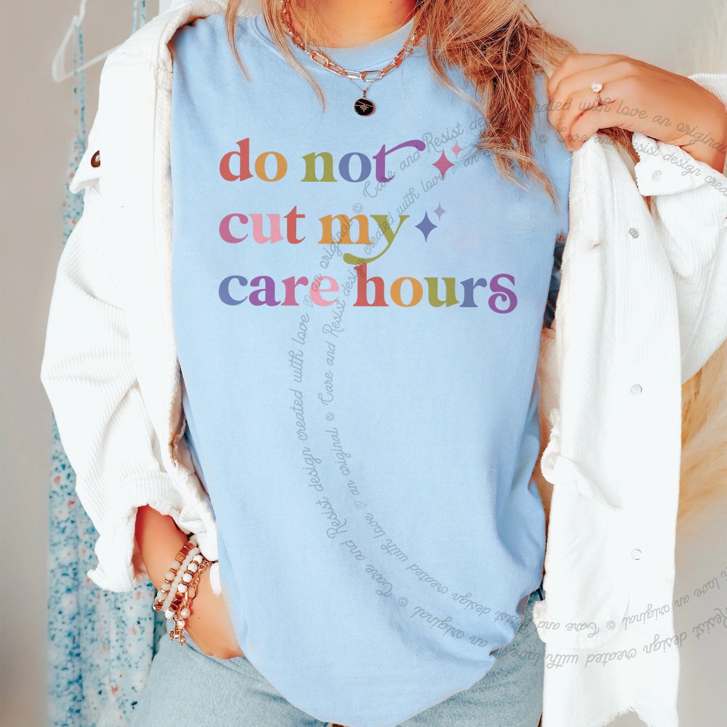 Do not Cut My Care Hours Care & Resist rainbow Comfort Colors tee, Chambray