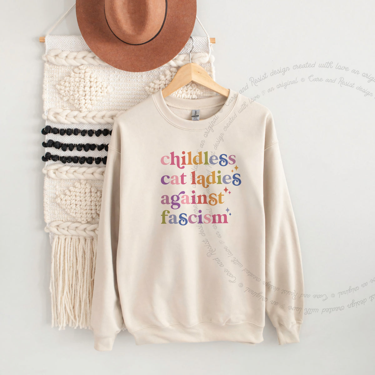Childless Cat Ladies Against Fascism Care & Resist Gildan crewneck sweatshirt in Sand