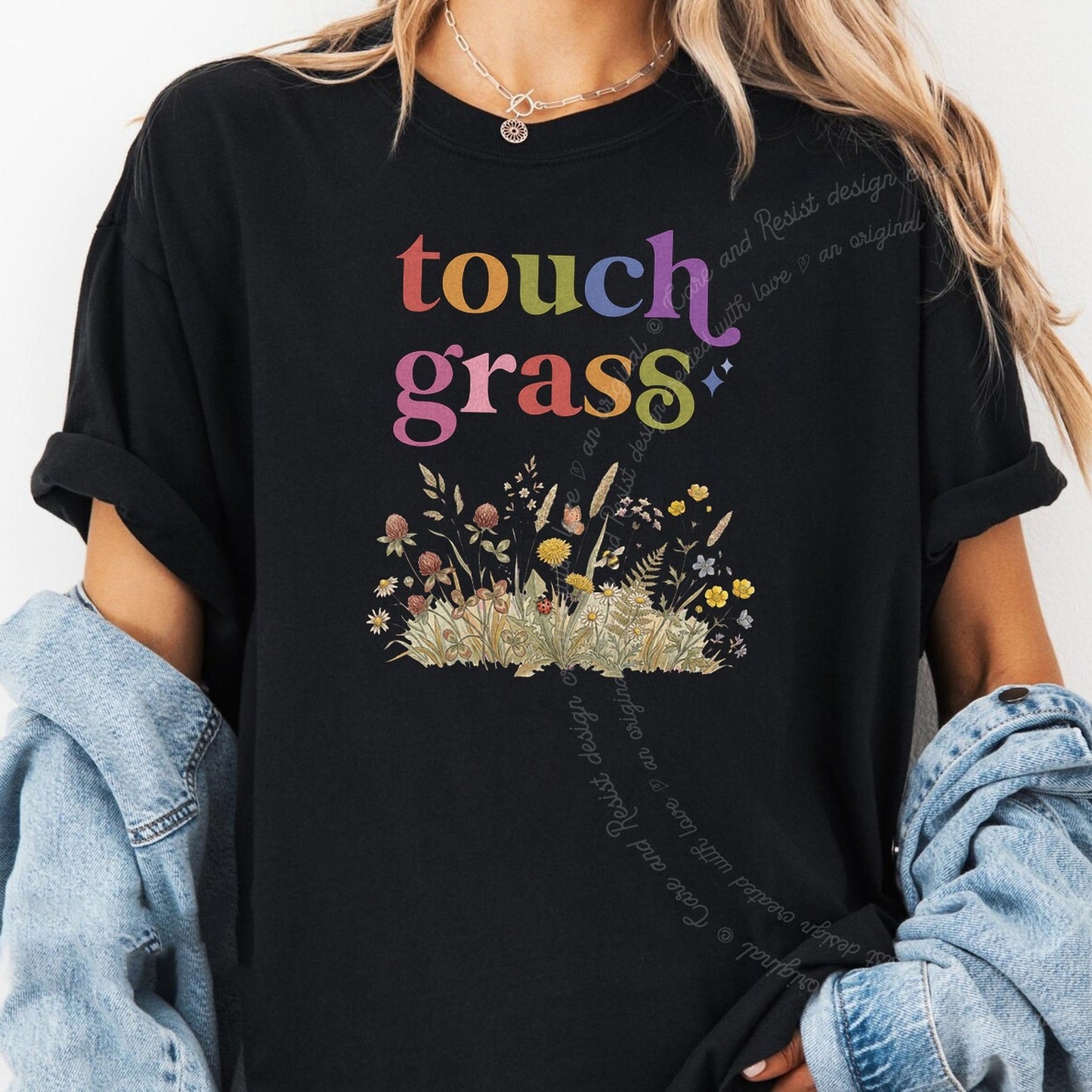 Touch Grass Care & Resist rainbow Comfort Colors tee, Black