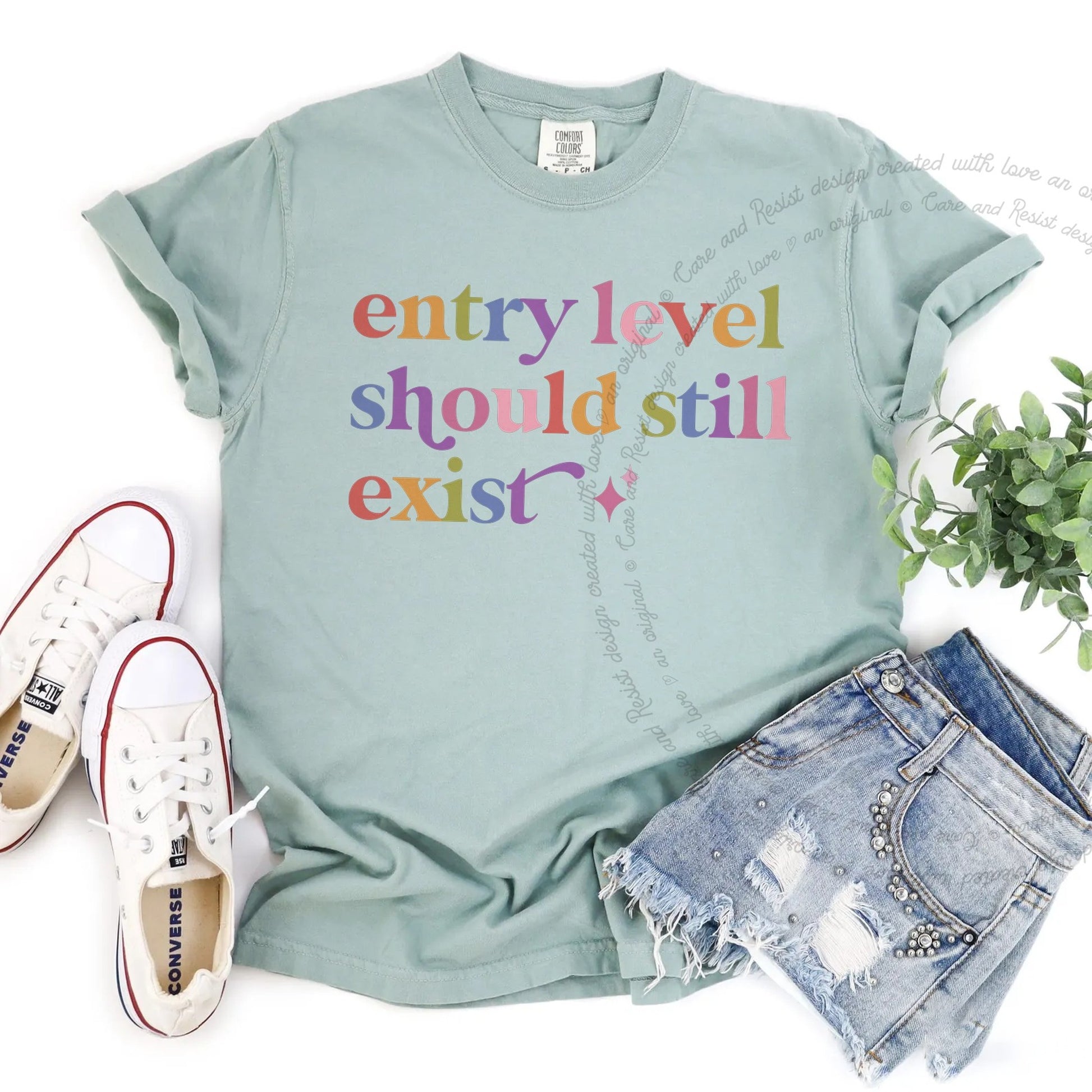 Entry Level Should Still Exist Care & Resist rainbow Comfort Colors tee, Bay
