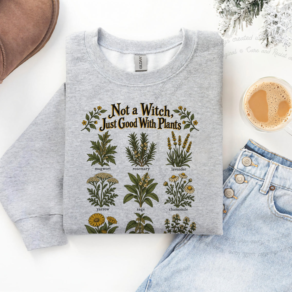 Not a Witch Just Good With Plants Care & Resist Gildan crewneck sweatshirt in Sport Grey