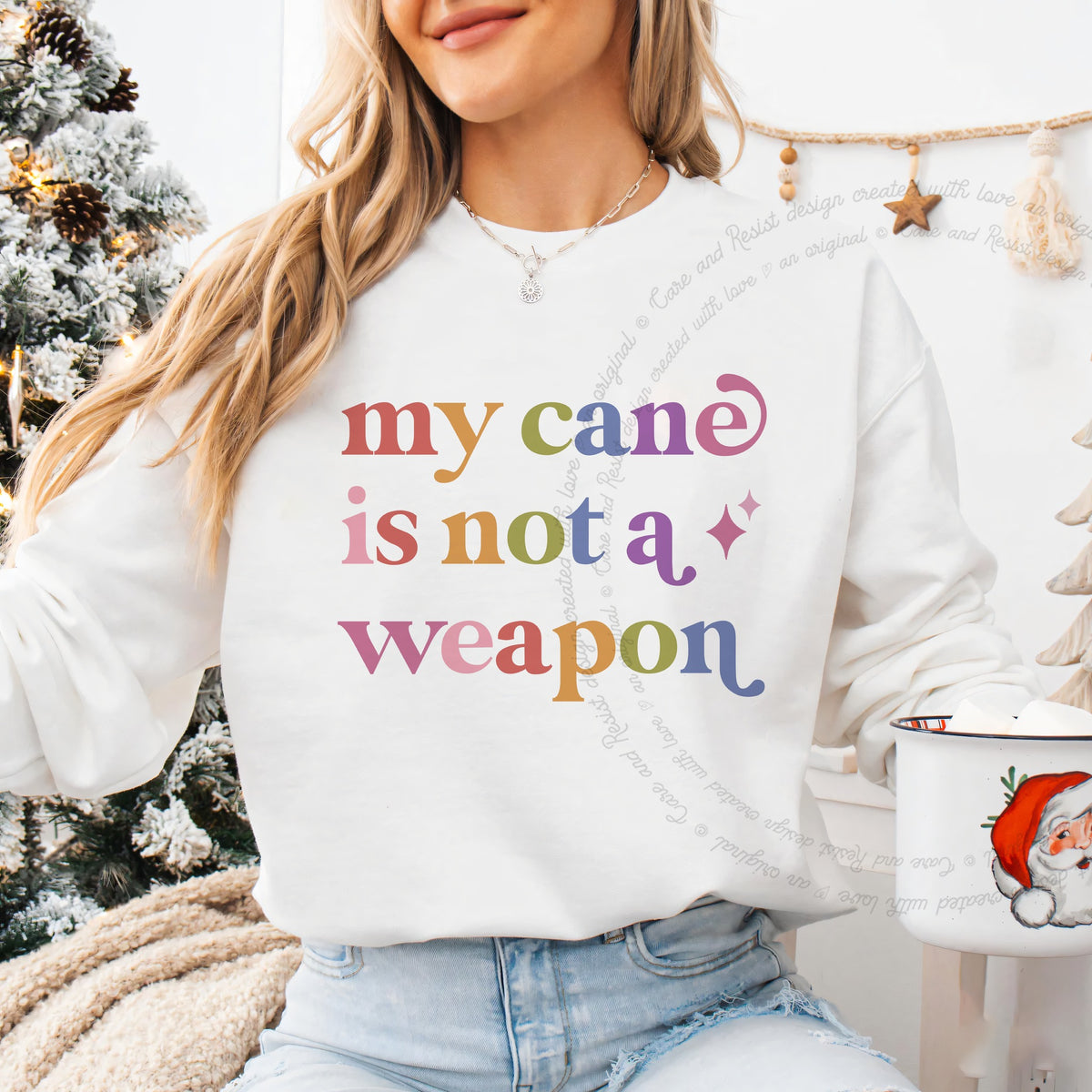 My Cane is not a Weapon Care & Resist Gildan crewneck sweatshirt in White