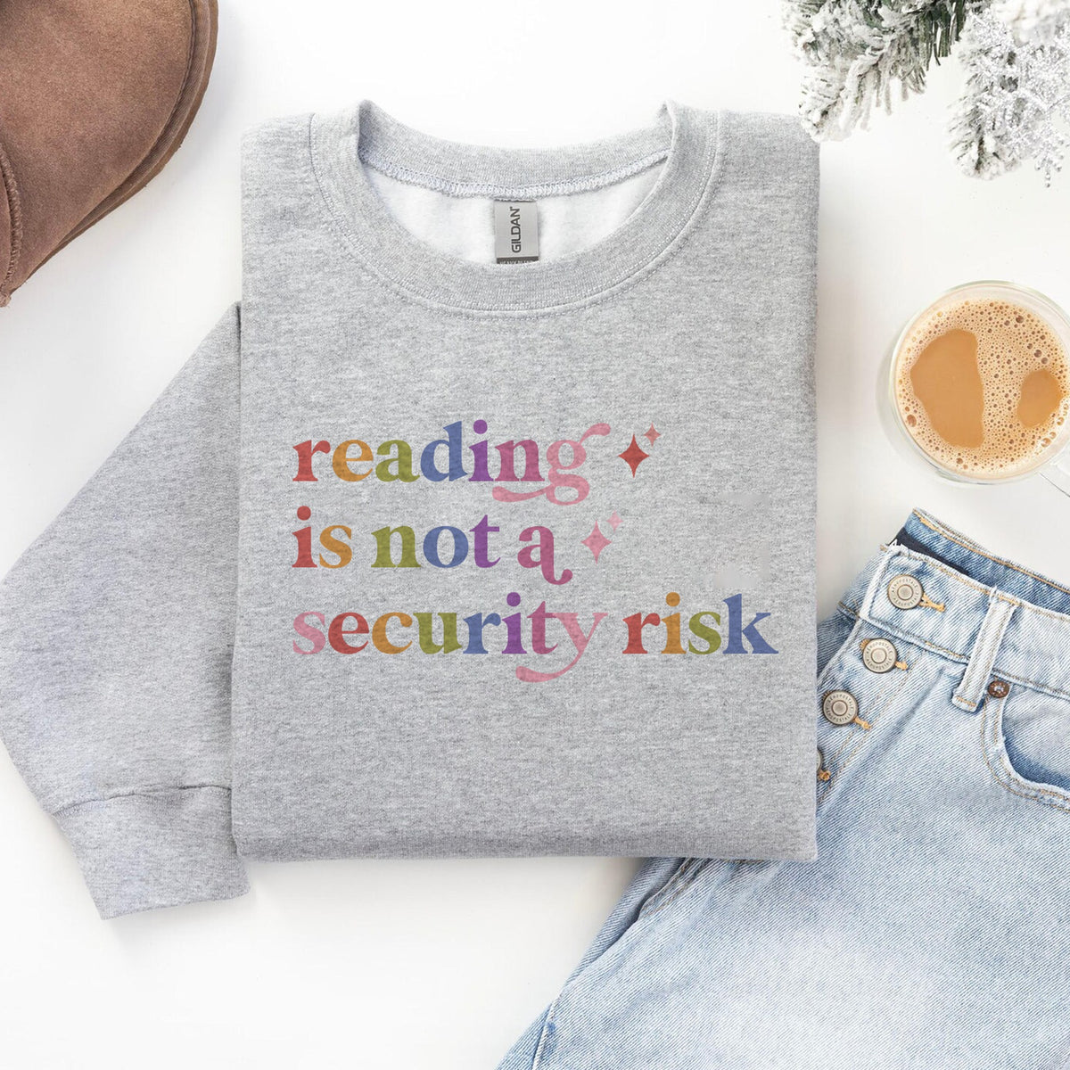 Reading is not a Security Risk Care & Resist Gildan crewneck sweatshirt in Sport Grey