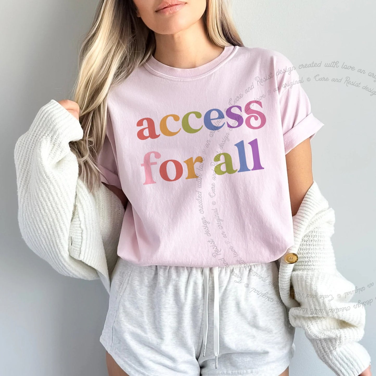 Access for All Care & Resist rainbow Comfort Colors tee, Blossom