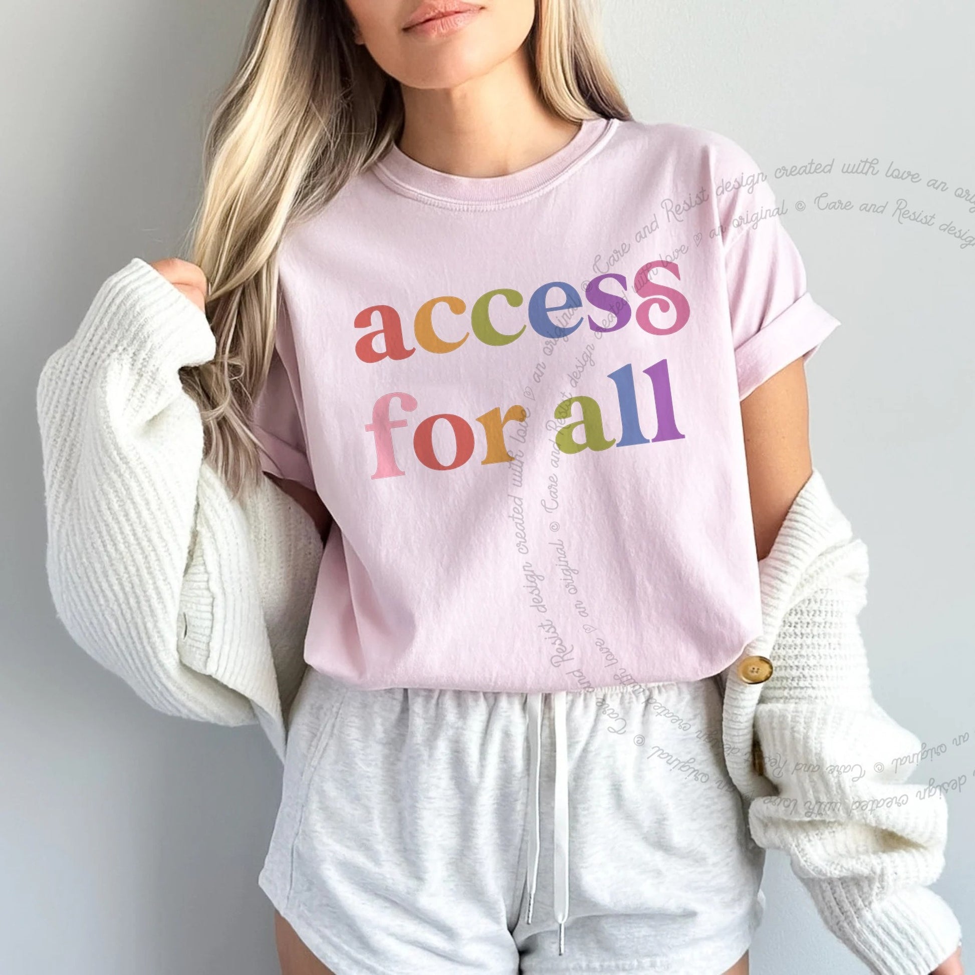 Access for All Care & Resist rainbow Comfort Colors tee, Blossom
