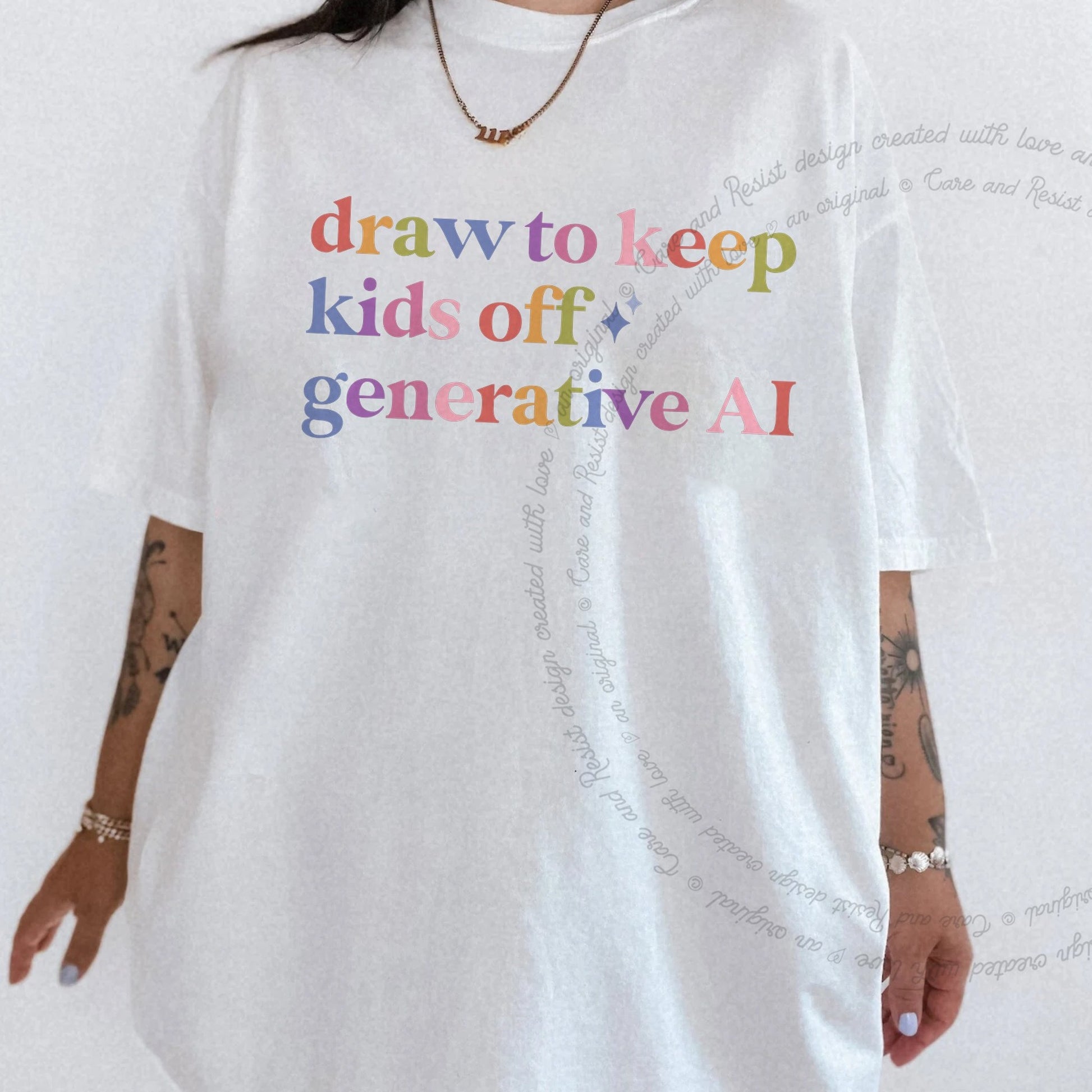 Draw to Keep Kids Off Generative Ai Care & Resist rainbow Comfort Colors tee, White