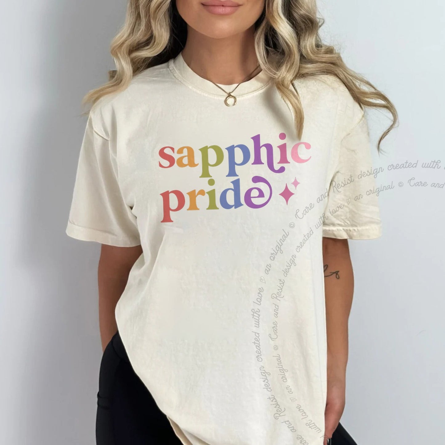 Sapphic Pride Care & Resist rainbow Comfort Colors tee, Ivory