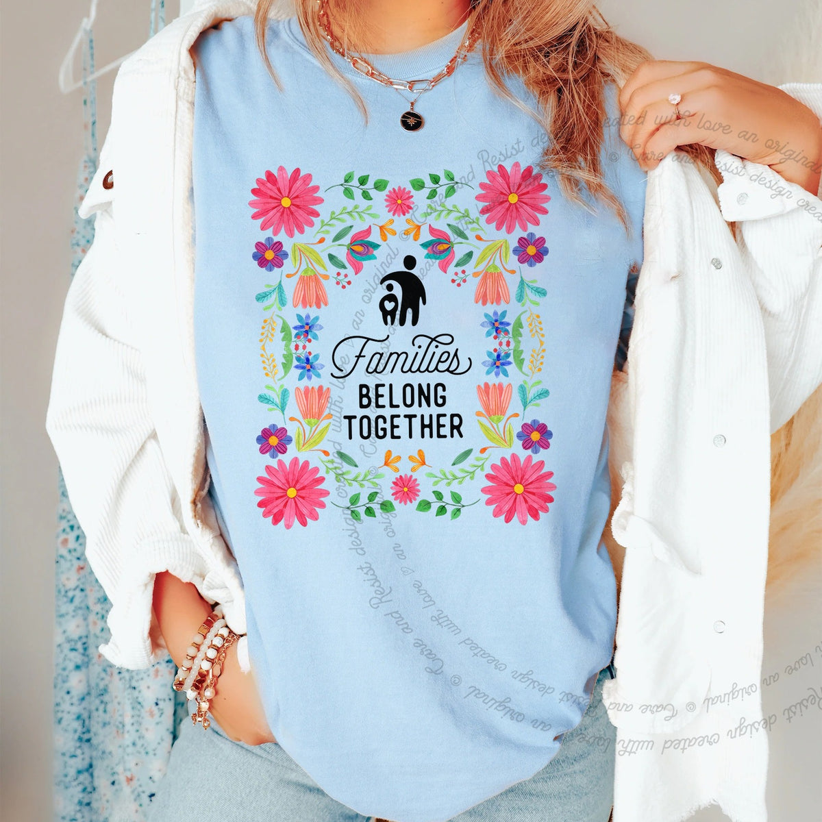 Families Belong Together Mexican Flowers Care & Resist progressive t-shirt in Chambray