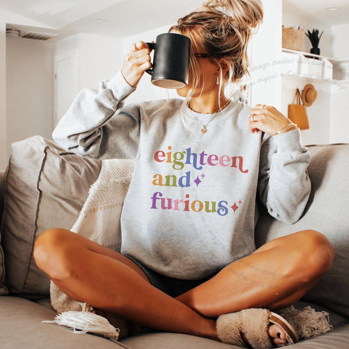 Eighteen and Furious Care & Resist Gildan crewneck sweatshirt in Sport Grey