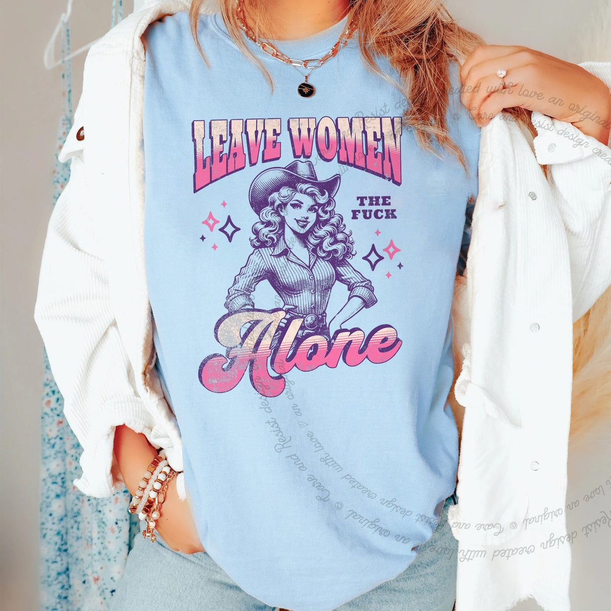 Leave Women the Fuck Alone Care & Resist progressive t-shirt in Chambray