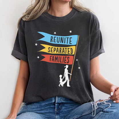 Reunite Separated Families Flags Care & Resist progressive t-shirt in Graphite