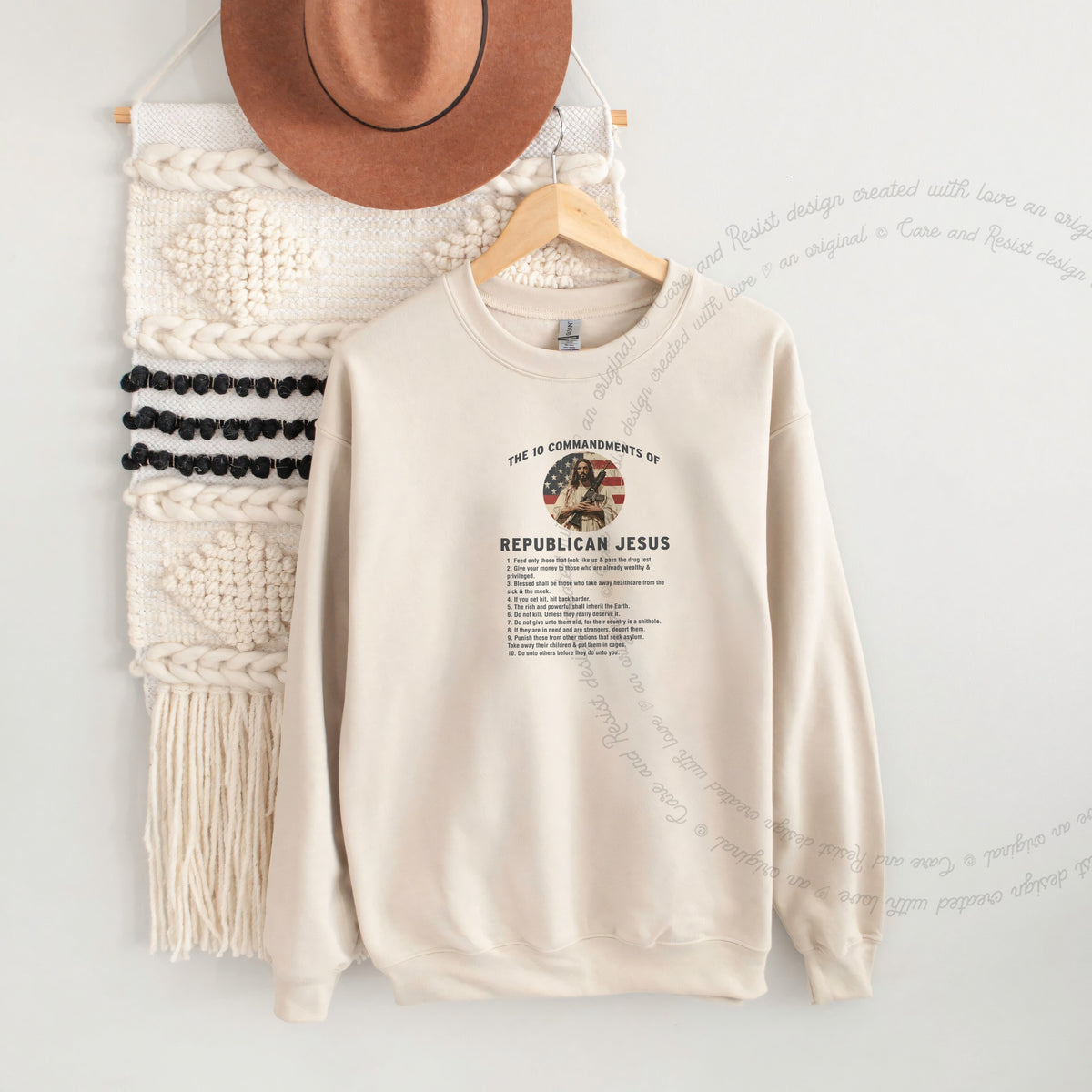The 10 Commandments of Republican Jesus Care & Resist Gildan crewneck sweatshirt in Sand