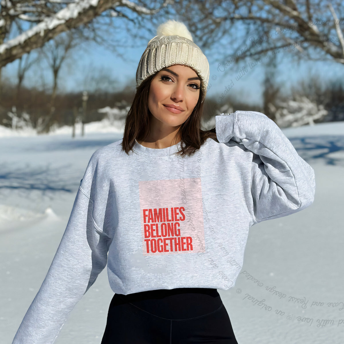 Families Belong Together Red Pink Care & Resist Gildan crewneck sweatshirt in Sport Grey