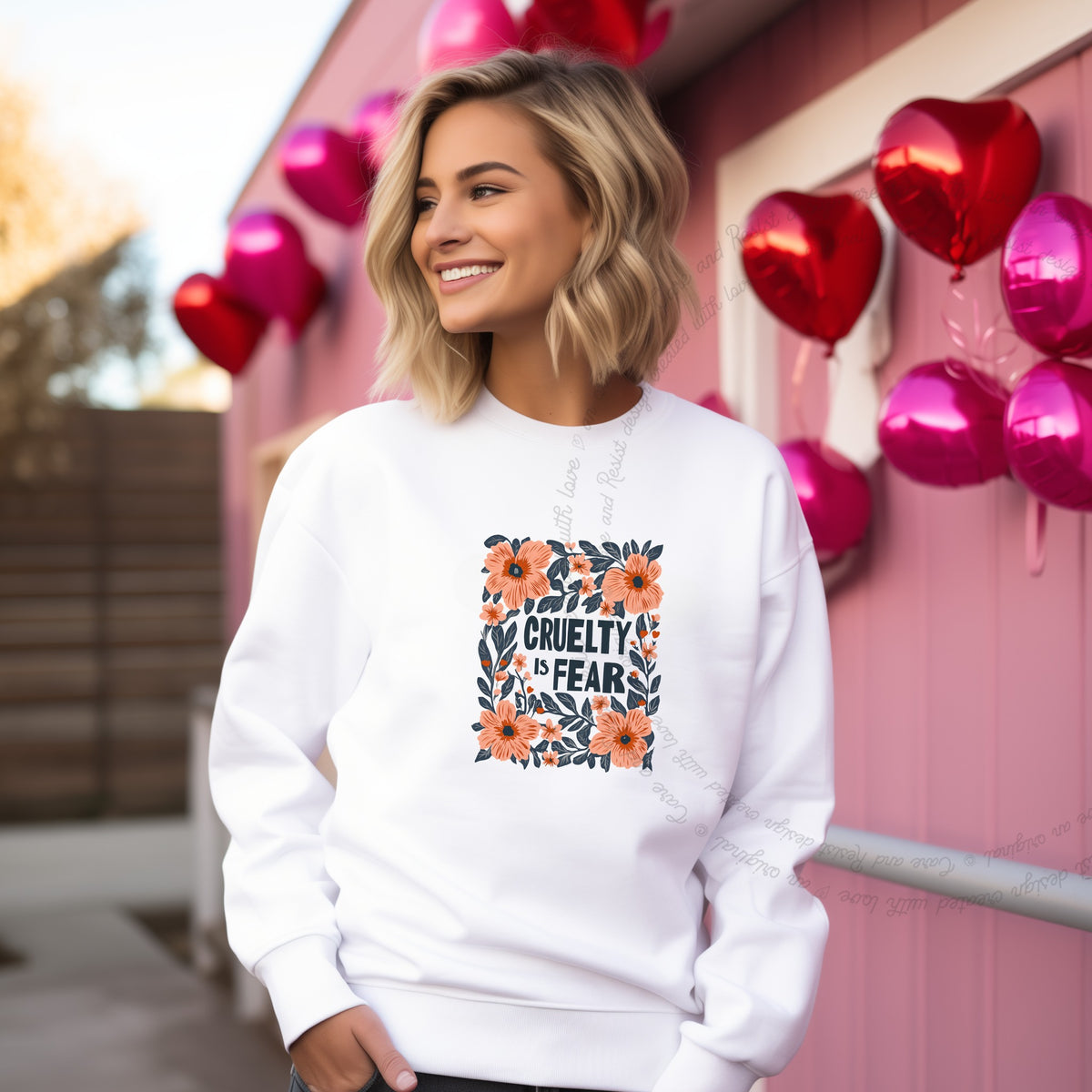 Cruelty Is Fear Care & Resist Gildan crewneck sweatshirt in White