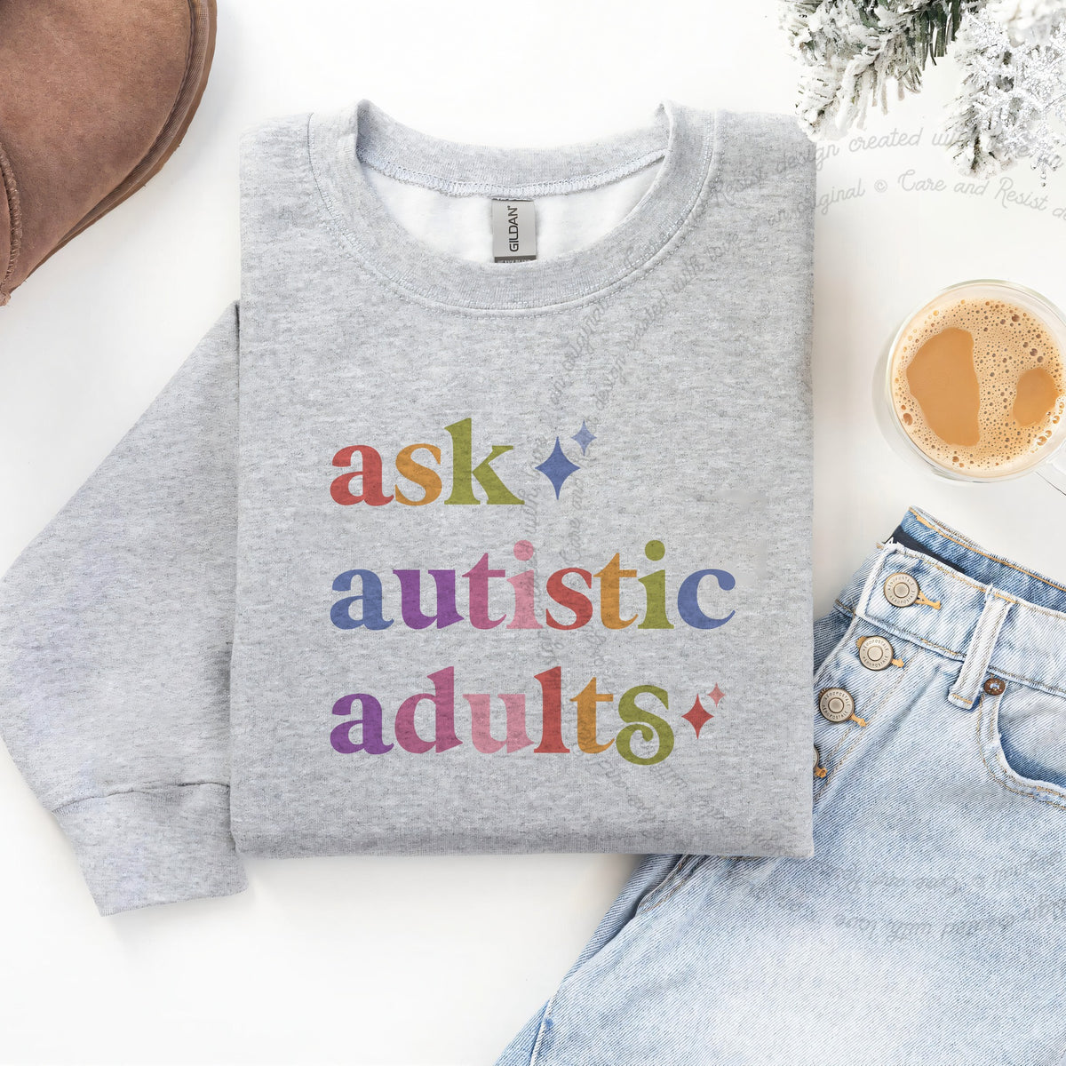 Ask Autistic Adults Care & Resist Gildan crewneck sweatshirt in Sport Grey