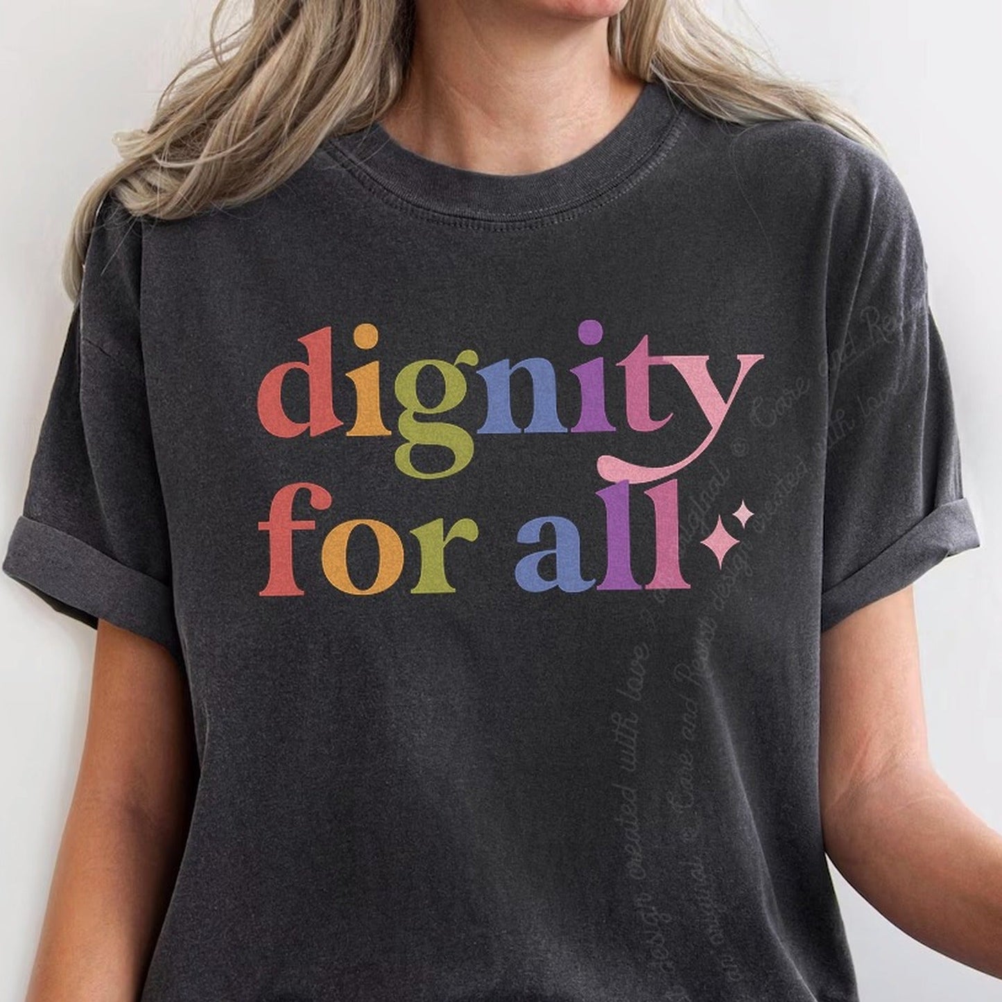 Dignity for All Care & Resist rainbow Comfort Colors tee, Graphite