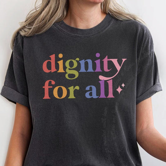 Dignity for All Care & Resist rainbow Comfort Colors tee, Graphite