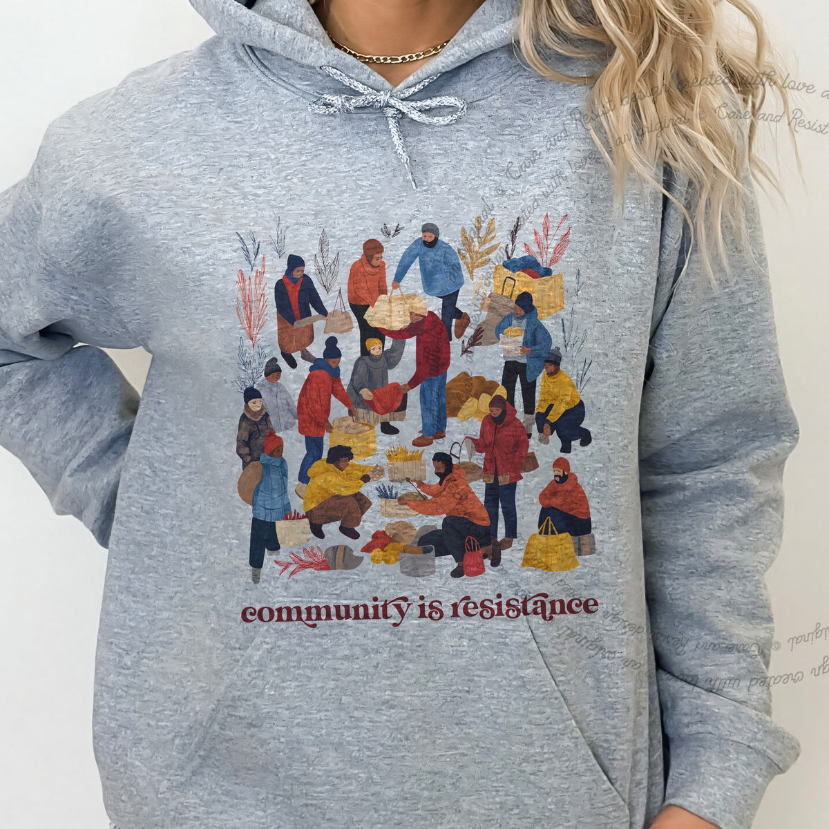 Community is Resistance Retro People Care & Resist Gildan hoodie in Sport Grey