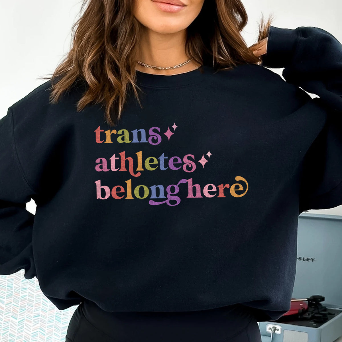 Trans Athletes Belong Here Care & Resist Gildan crewneck sweatshirt in Black