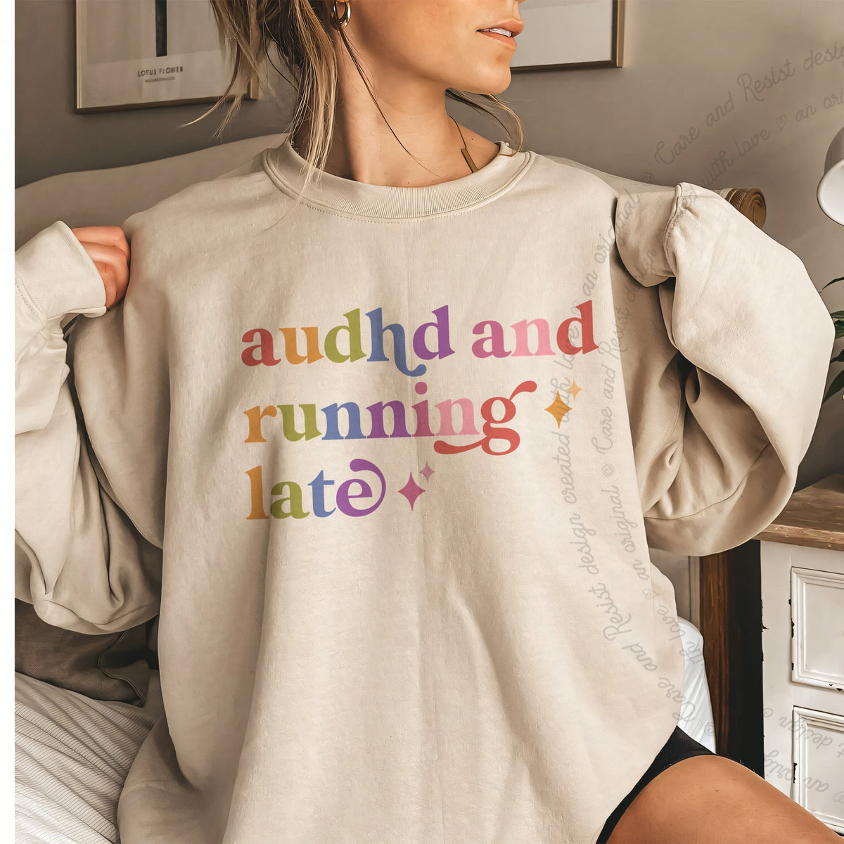 Audhd and Running Late Care & Resist Gildan crewneck sweatshirt in Sand