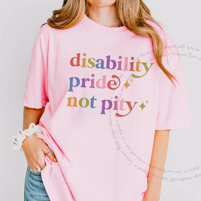 Disability Pride not Pity Care & Resist rainbow Comfort Colors tee, Blossom