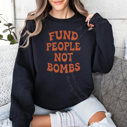Fund People not Bombs Stacked Care & Resist Gildan crewneck sweatshirt in Black