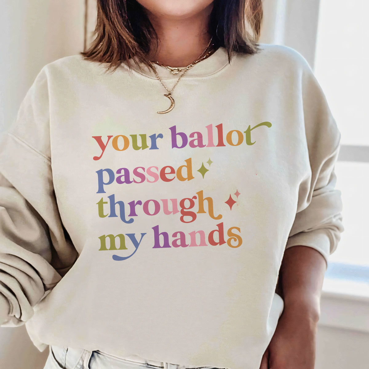Your Ballot Passed Through My Hands Care & Resist Gildan crewneck sweatshirt in Sand