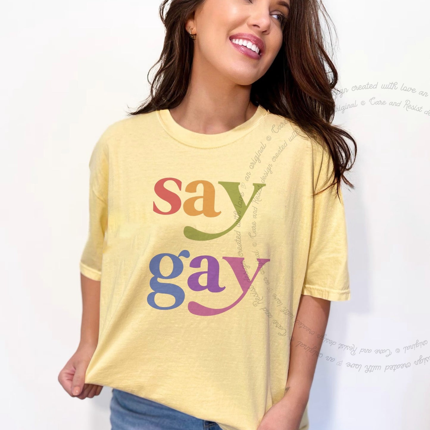 Say Gay Care & Resist rainbow Comfort Colors tee, Banana