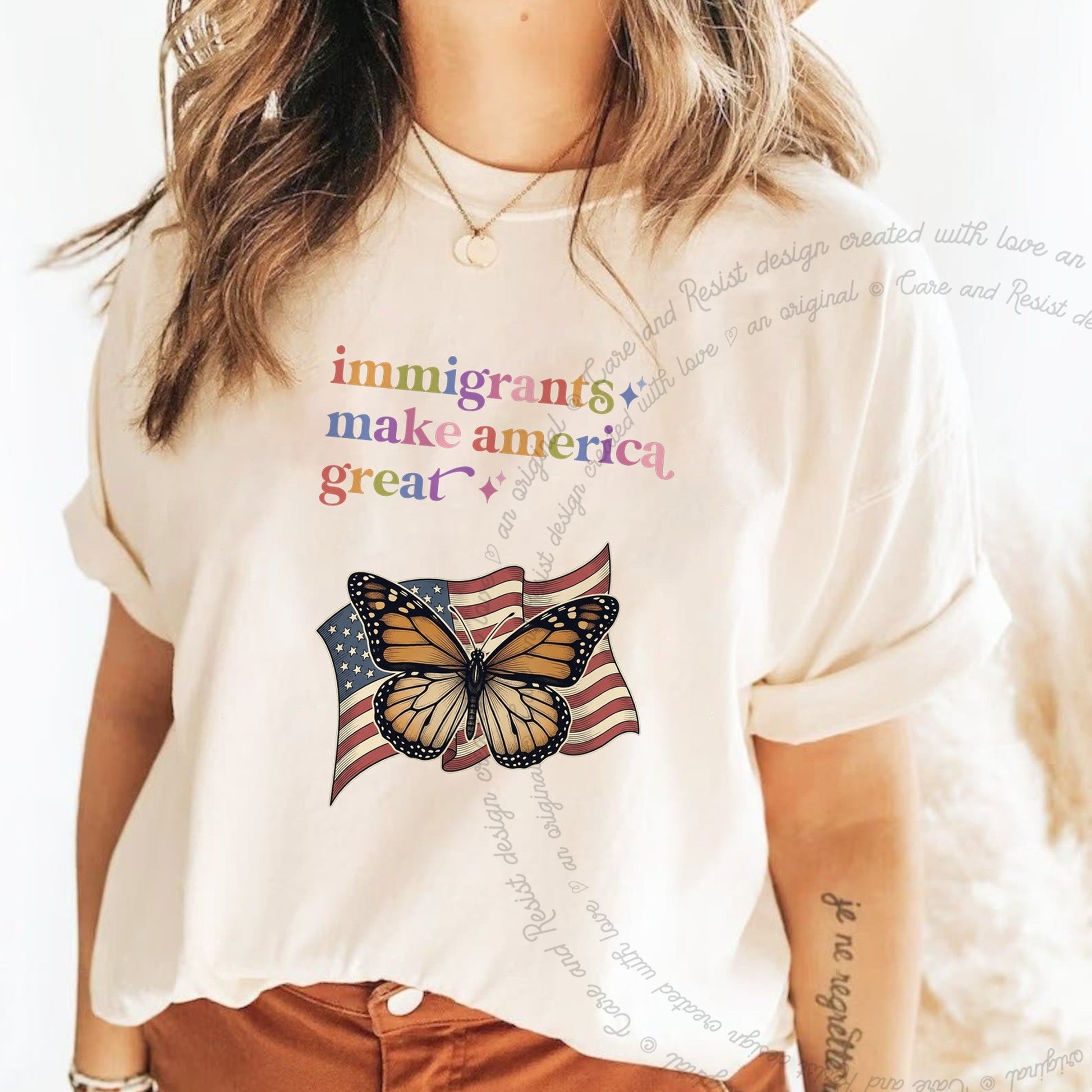 Immigrants Make America Great Care & Resist rainbow Comfort Colors tee, Ivory