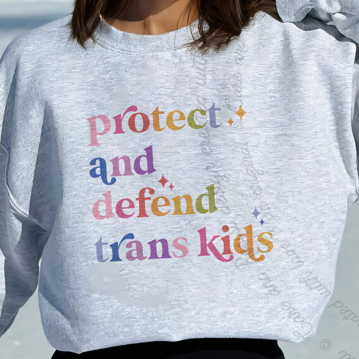 Protect and Defend Trans Kids Care & Resist Gildan crewneck sweatshirt in Sport Grey