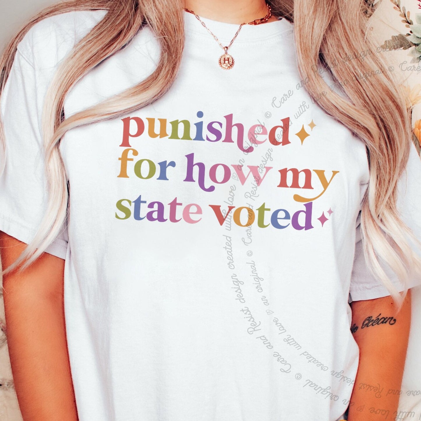 Punished for How My State Voted Care & Resist rainbow Comfort Colors tee, White