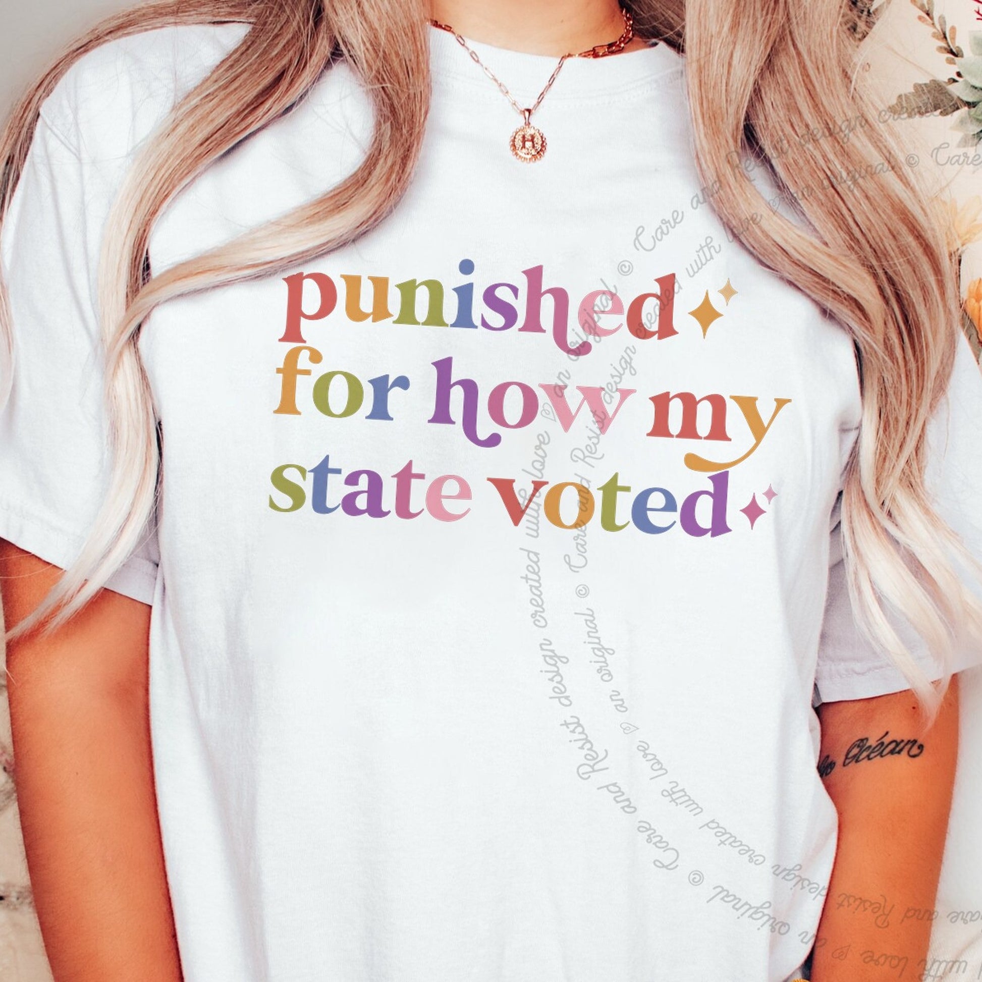 Punished for How My State Voted Care & Resist rainbow Comfort Colors tee, White