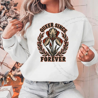 Queer Since Forever Iris Linocut Care & Resist Gildan crewneck sweatshirt in White