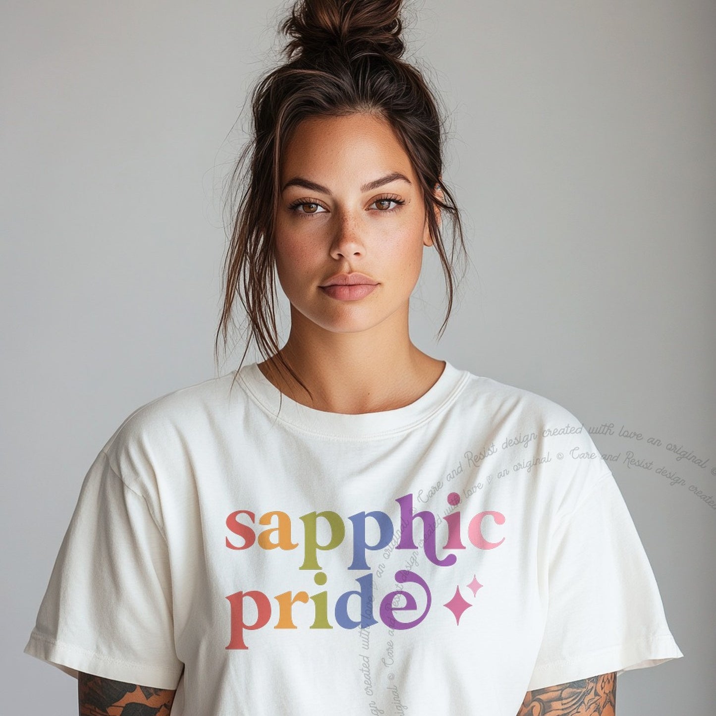 Sapphic Pride Care & Resist rainbow Comfort Colors tee, White