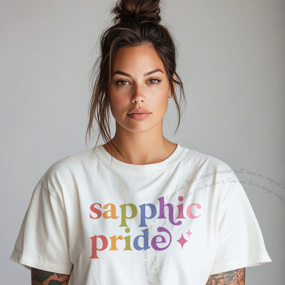 Sapphic Pride Care & Resist rainbow Comfort Colors tee, White