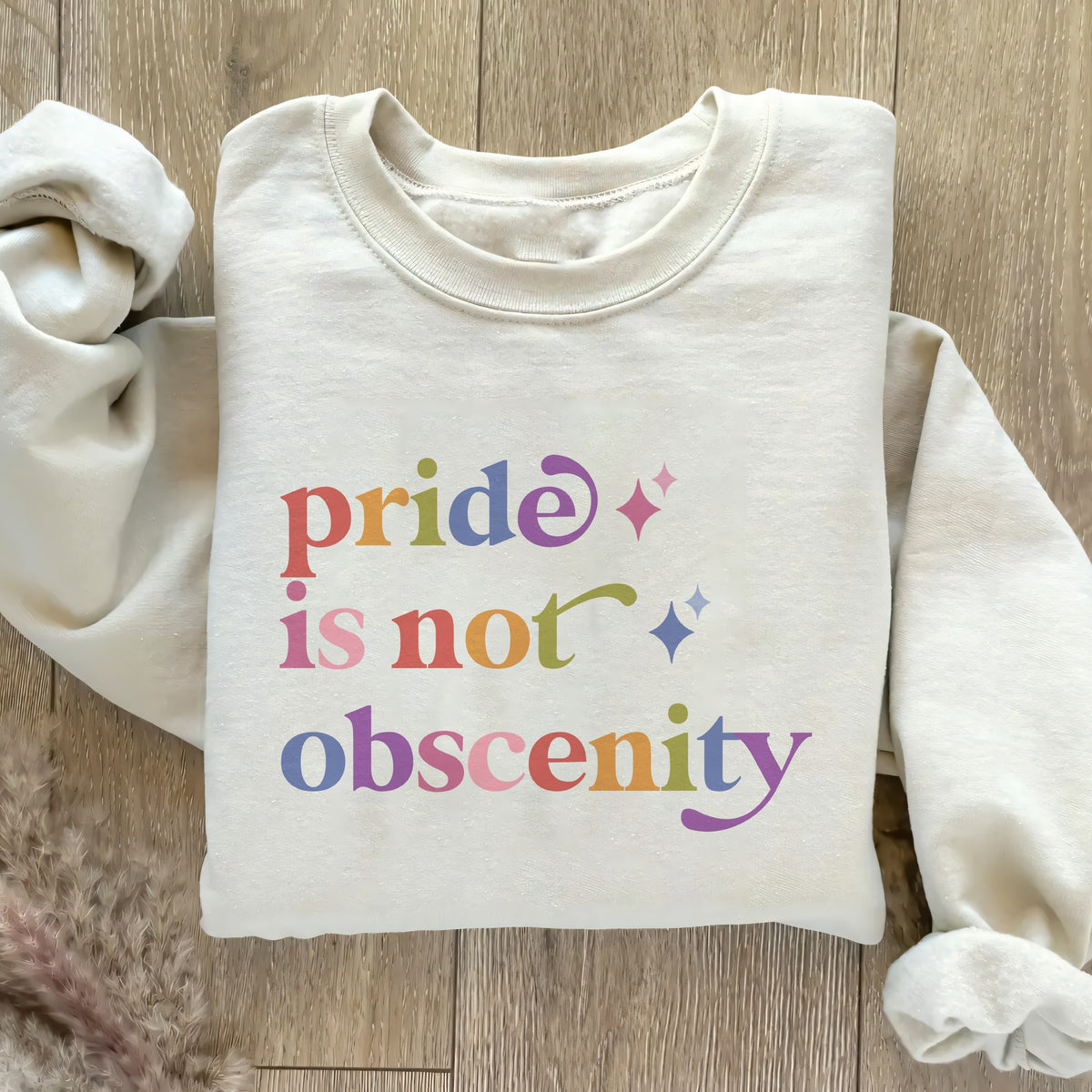 Pride is not Obscenity Care & Resist Gildan crewneck sweatshirt in Sand