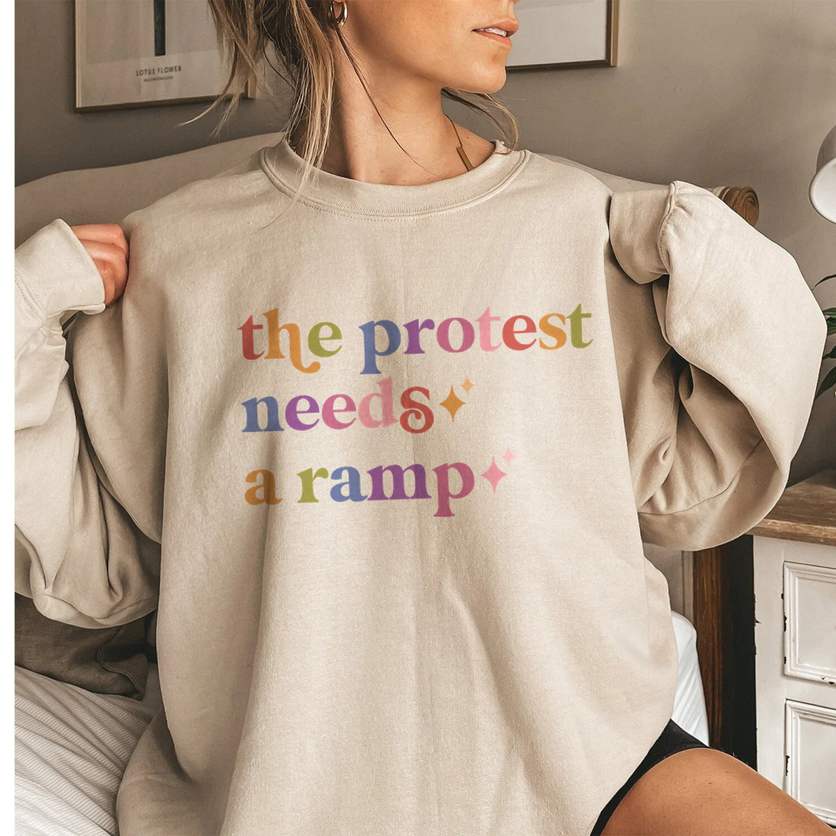 The Protest Needs a Ramp Care & Resist Gildan crewneck sweatshirt in Sand