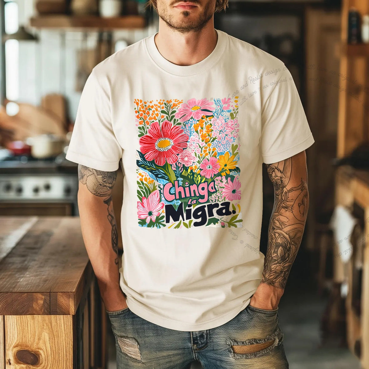 Chinga La Migra Care & Resist progressive t-shirt in Ivory