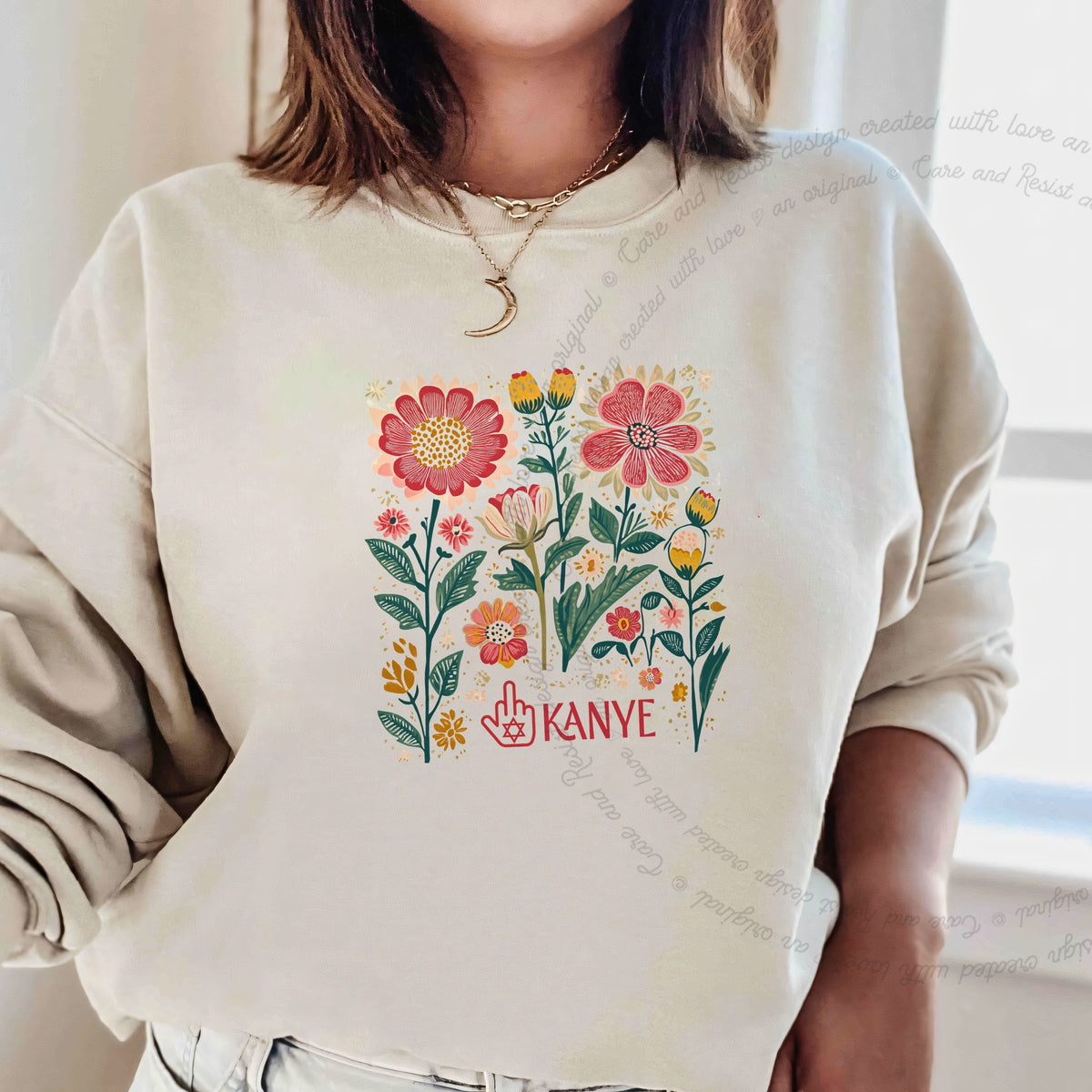 Middle Finger Kanye Care & Resist Gildan crewneck sweatshirt in Sand