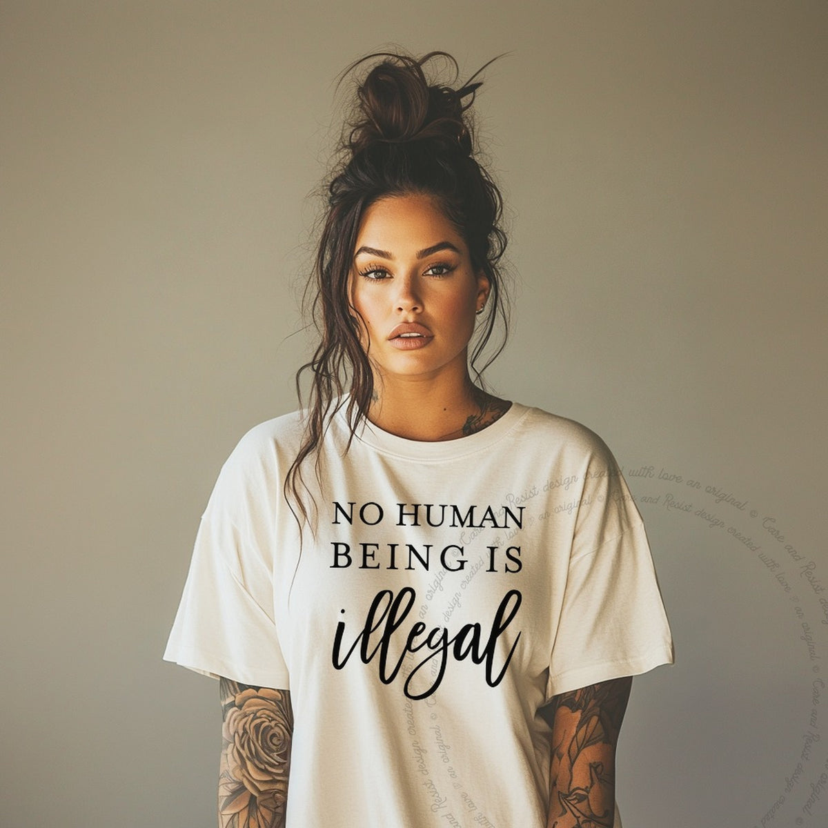 No Human Being Is Illegal Care & Resist progressive t-shirt in Ivory