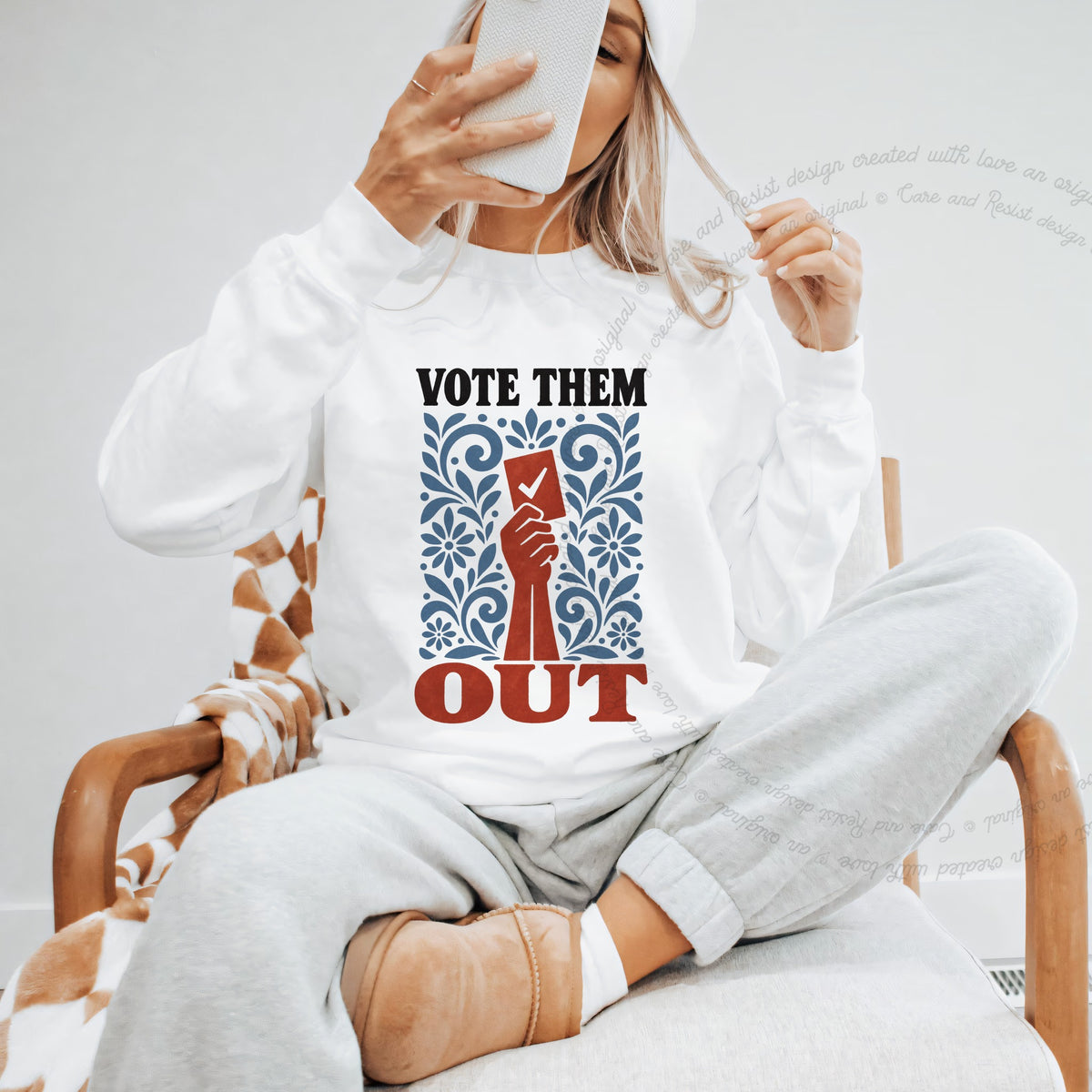 Vote Them Out Folk Ballot Care & Resist Gildan crewneck sweatshirt in White