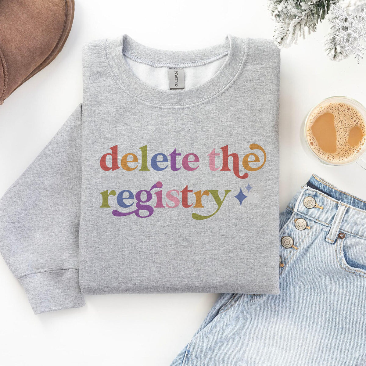 Delete the Registry Care & Resist Gildan crewneck sweatshirt in Sport Grey