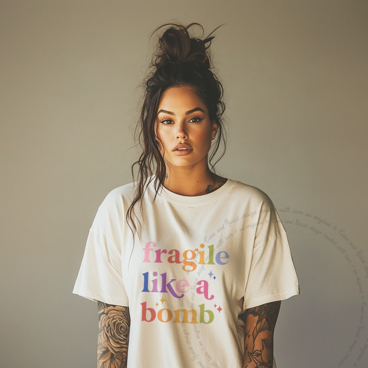 Fragile Like a Bomb Care & Resist progressive t-shirt in Ivory