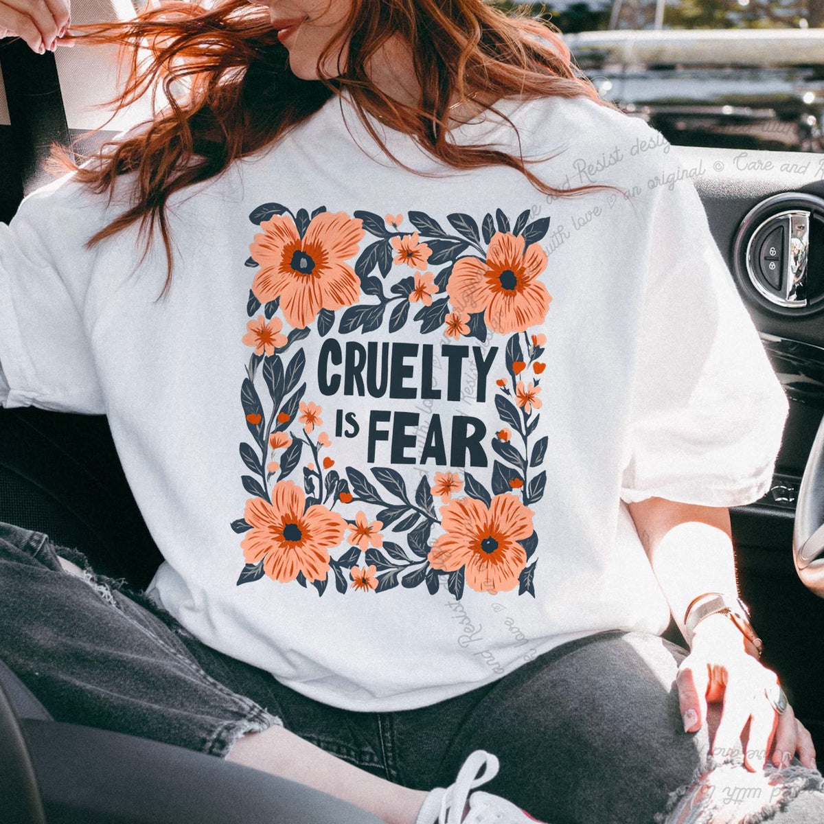 Cruelty Is Fear Care & Resist progressive t-shirt in White