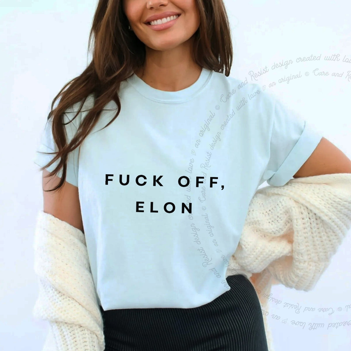 Fuck Off, Elon Care & Resist progressive t-shirt in Chambray