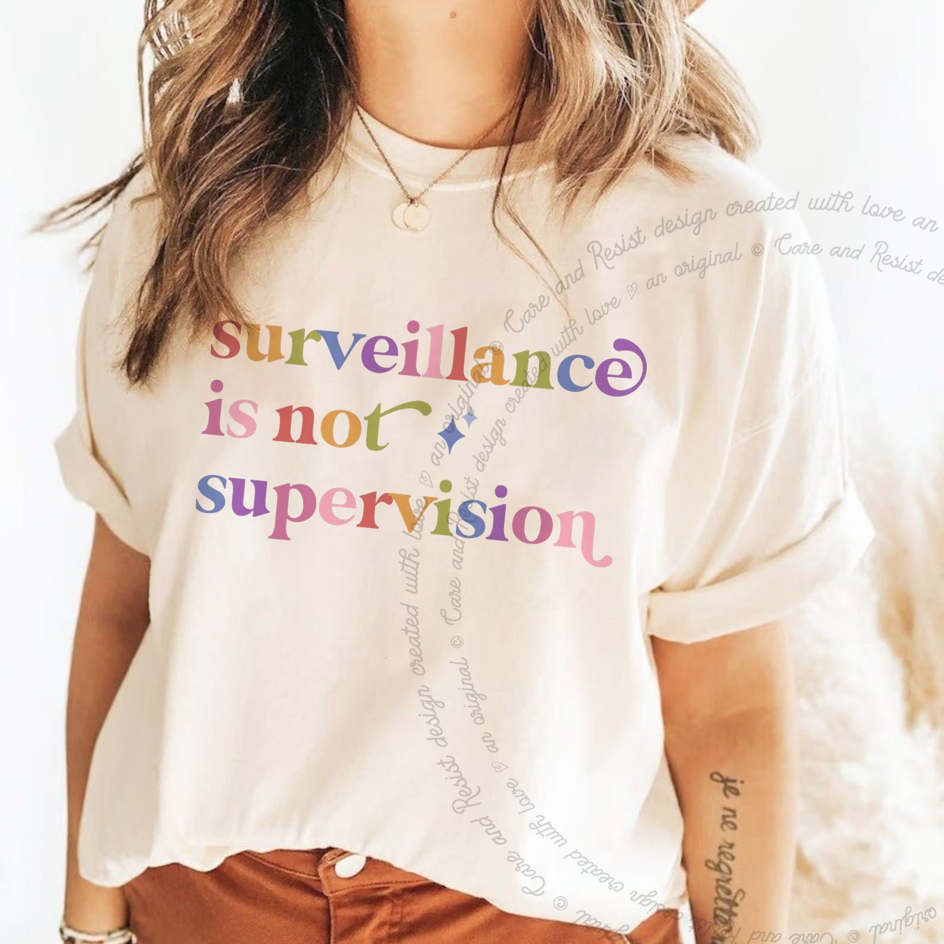 Surveillance is not Supervision Care & Resist rainbow Comfort Colors tee, Ivory