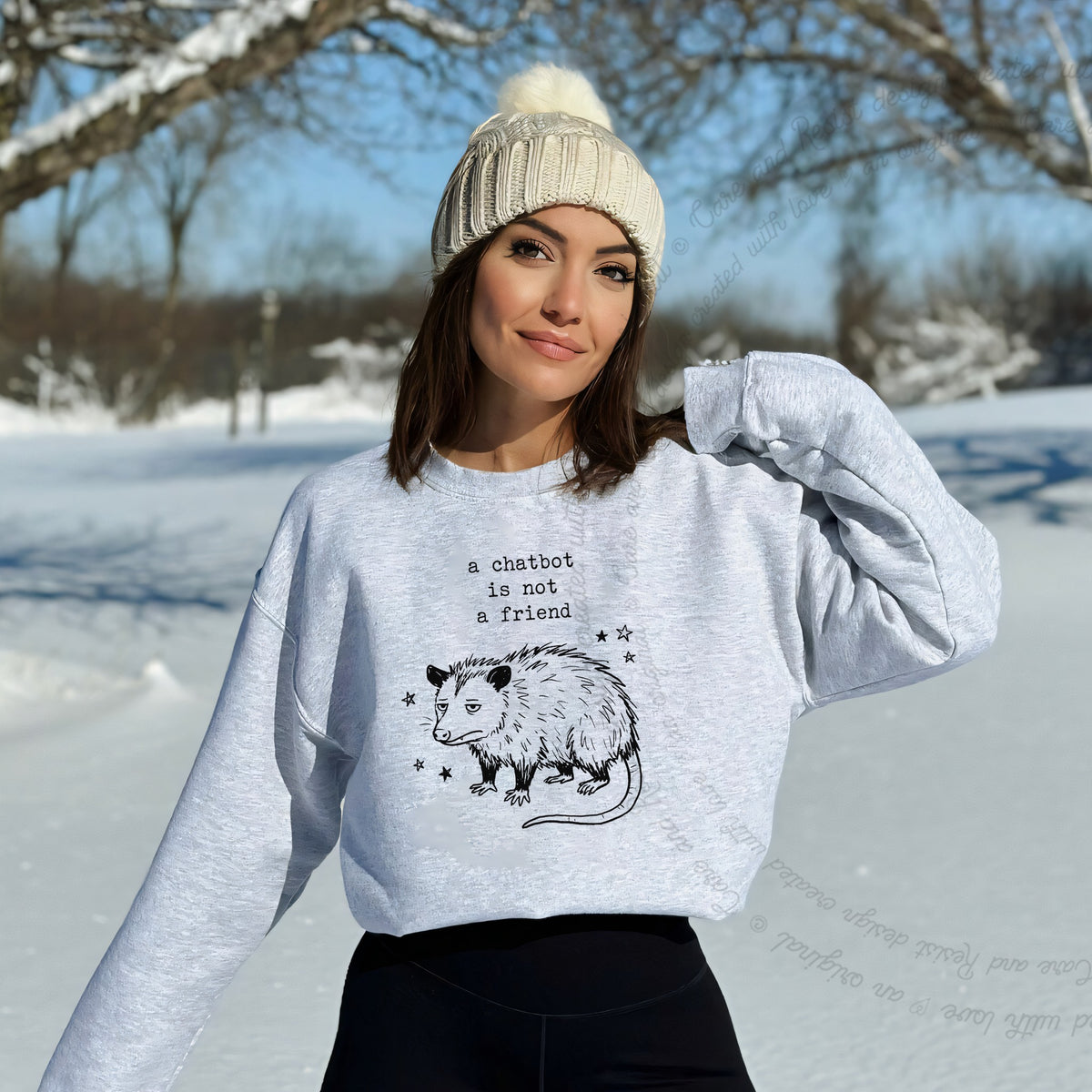 A Chatbot is not a Friend Possum Care & Resist Gildan crewneck sweatshirt in Sport Grey